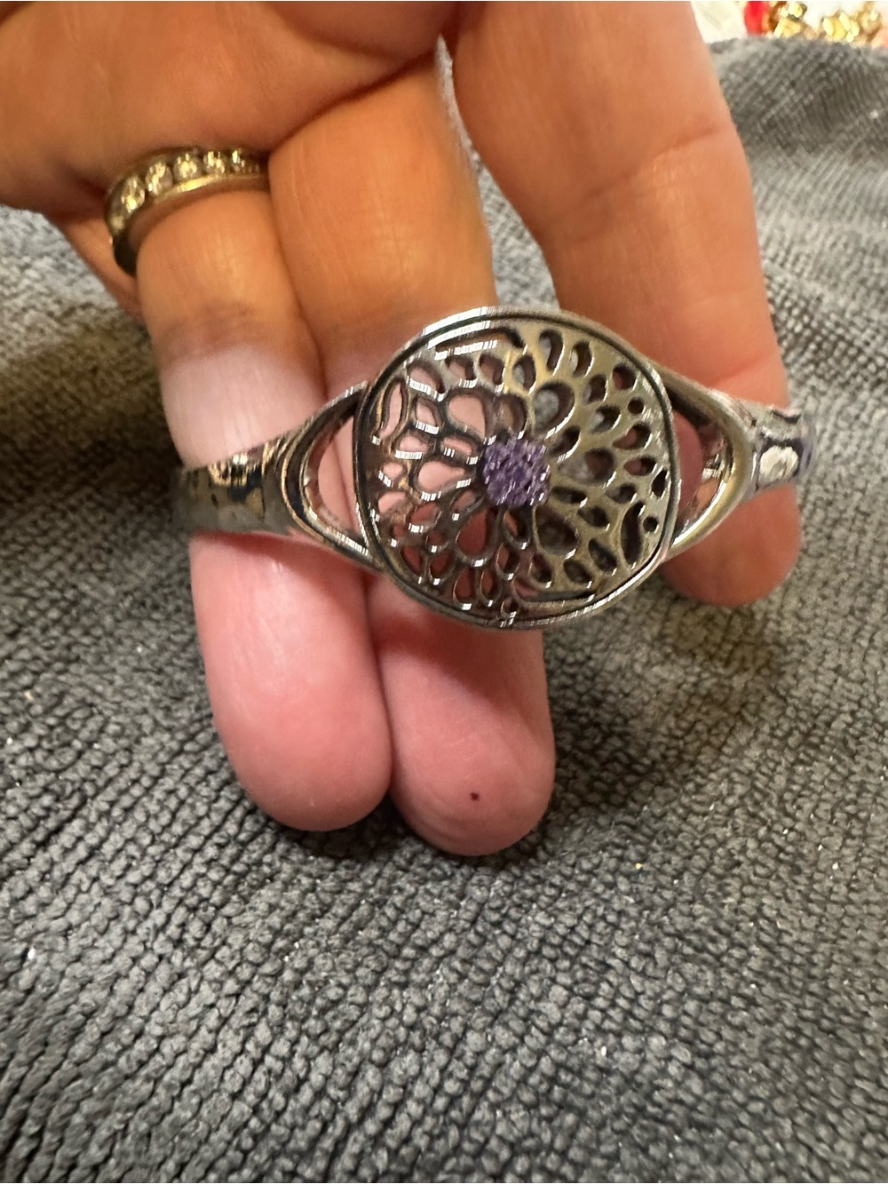 Silver-Tone Floral Filigree Bracelet with Purple Accent